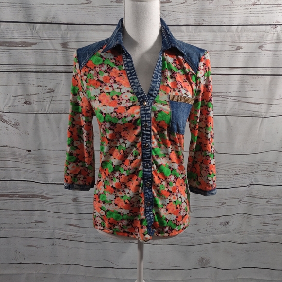 Pastels Tops - Pastel Floral and Denim Collar Shirt